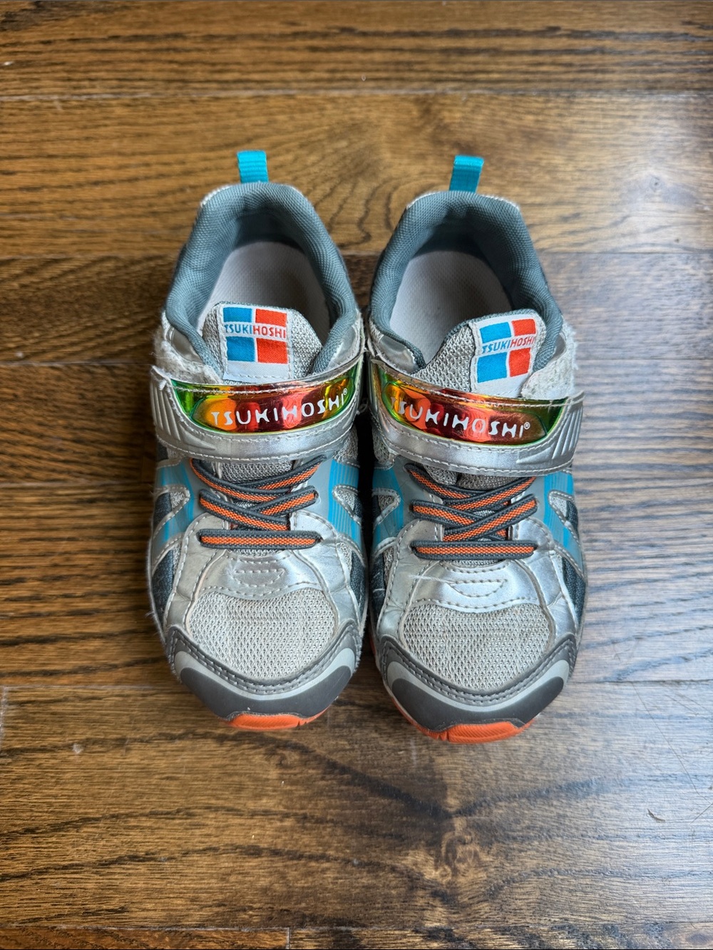 Tsukihoshi Silver, Teal & Orange Kids Sneakers with Hook-and-Loop Strap Size 12
